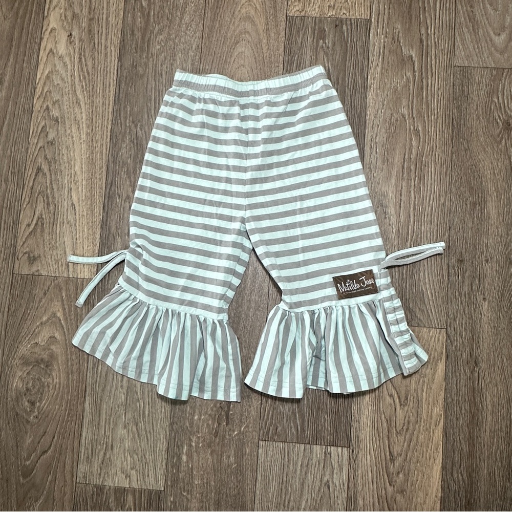 Matilda Jane Blue and Gray Striped Ruffle Cropped Pants